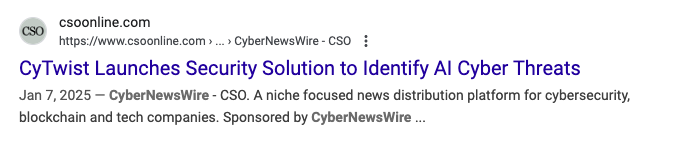 An example of an SEO-optimized cybersecurity press release on the SERPs.