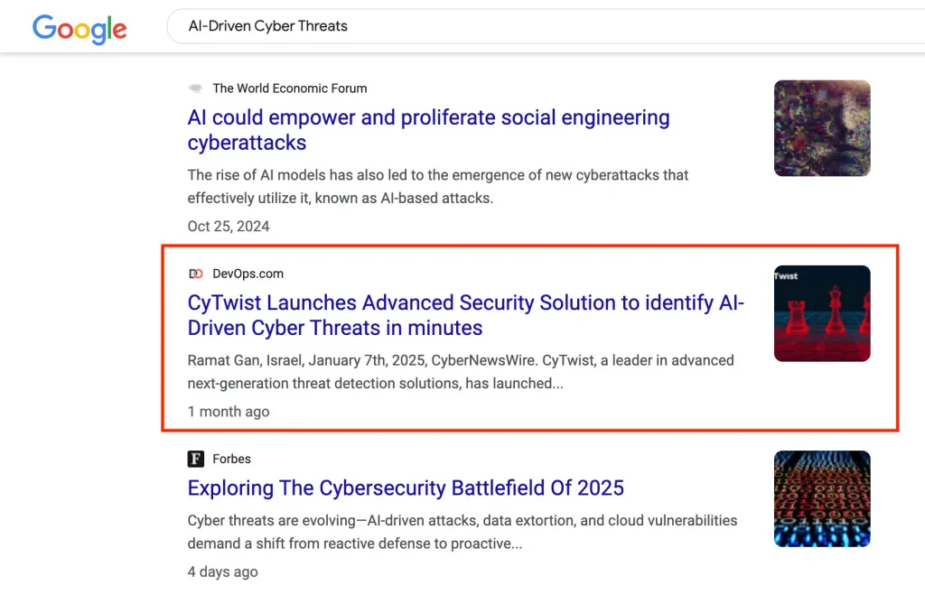 An example of an SEO-optimized cybersecurity press release on the SERPs.