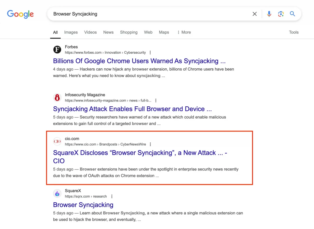 An example of an SEO-optimized cybersecurity press release on the SERPs.