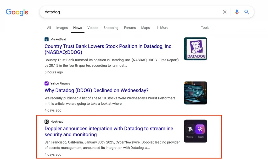 An example of an SEO-optimized cybersecurity press release on the SERPs.